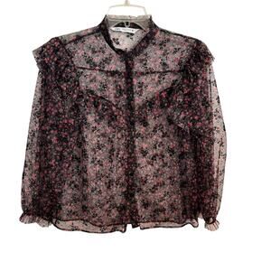 ZARA Black Floral Sheer Ruffle Trim  Blouse Size Small – Romantic Feminine